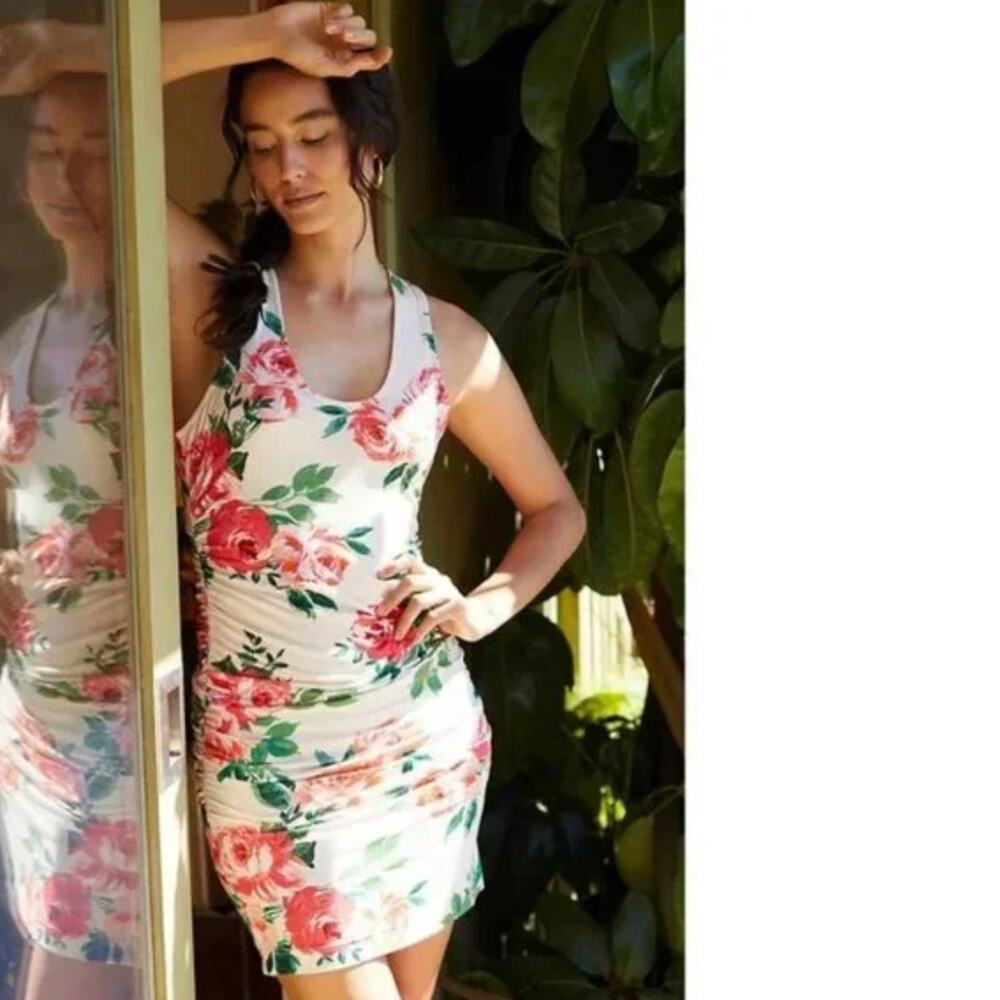 Anthropologie Floral Cream Shirred Mini Dress - New - Small